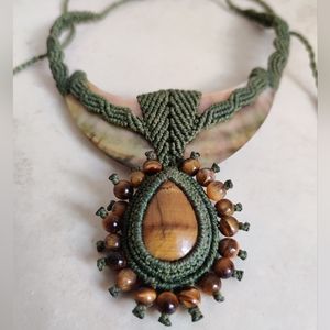 OOAK Artisan Macrame Necklace with Genuine Mother of Pearl and Tiger Eye Stones